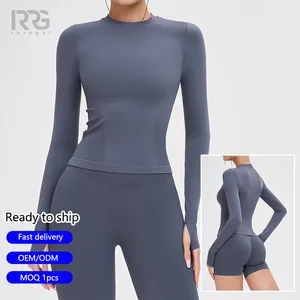 Roregal Womens New Crew Neck Seamless Knitted Casual Long Sleeve Workout Shirts Lightweight Quick Dry Hiking Running Yoga Tops