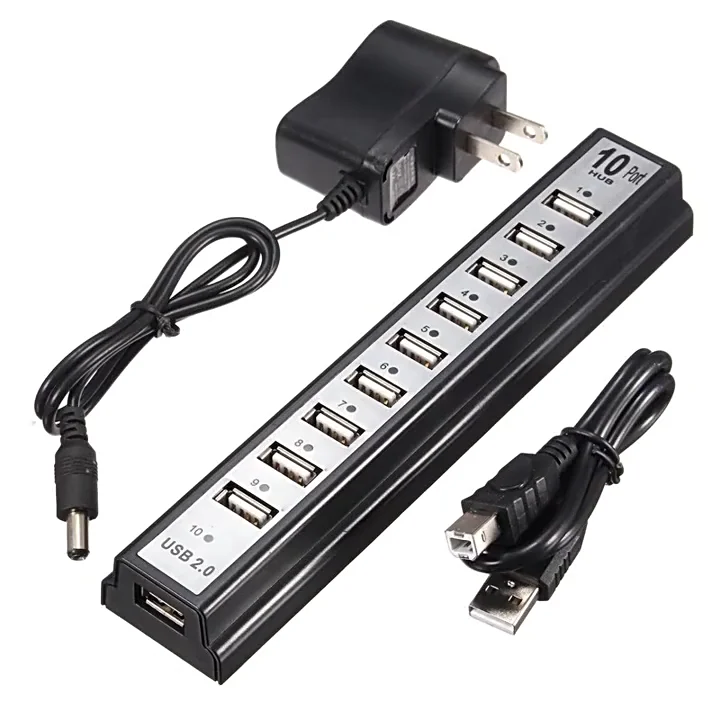 Usb Hub 10 Port Hispeed Usb 2.0 Hub + Power Adapter For Pc Laptop
