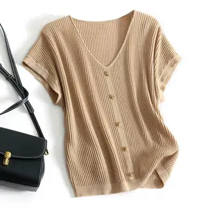 Women's Summer Short T-Shirt Sweaters Comfort and Short Sleeves Top Fashion Thin Knit  Button Top for Women
