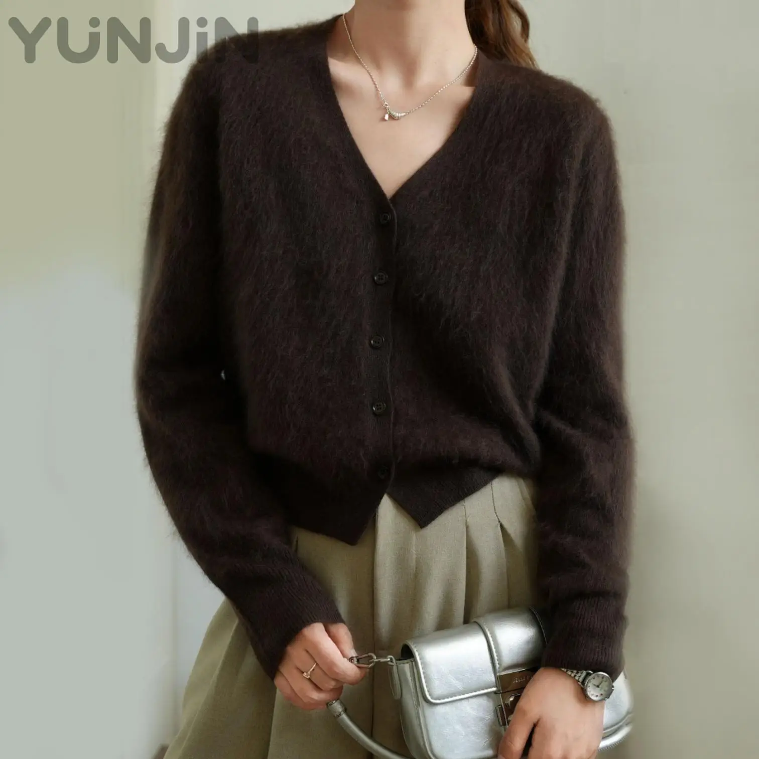 Women's Design Wool Cashmere V-Neck Knit Sweater Cardigan