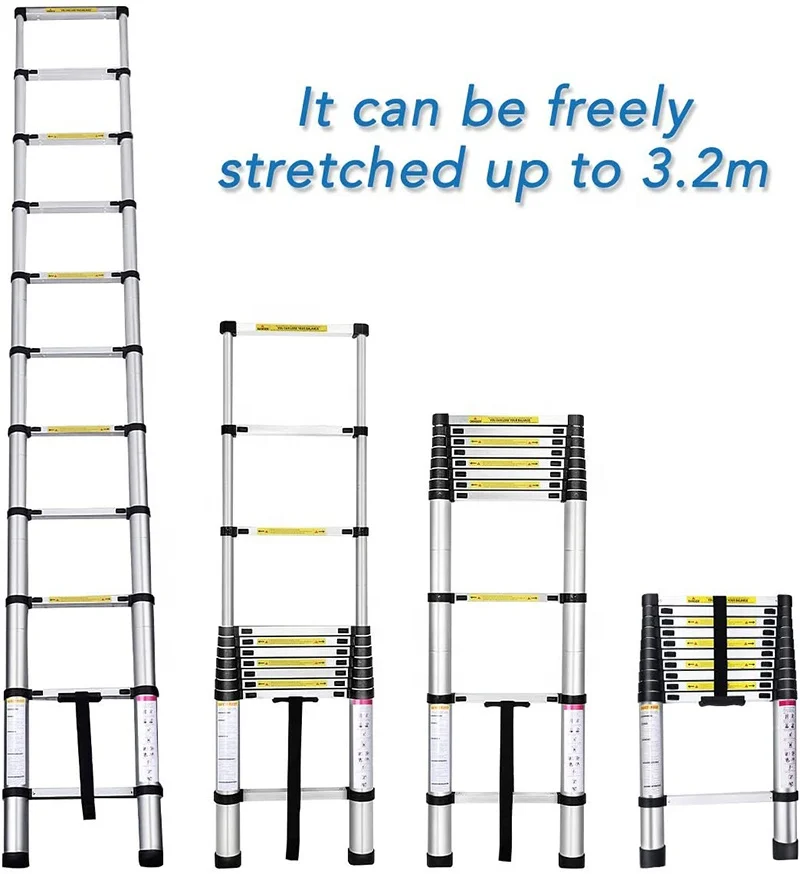 DX-60380 Telescopic Ladder Extendable Lightweight Ladder Aluminium Aluminum Alloy Steps Safety for Roofing Business 10.5 FT 3.8M