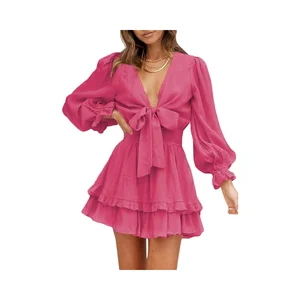 Autumn Floral Print Swing Mini Dress V-Neck Long Sleeves Knot Front Natural Plain Dyed Washable Casual ODM Worsted Pencil