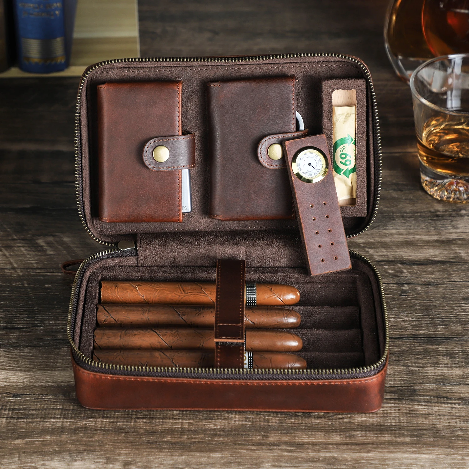 Custom Embossed Logo Travel Cigar Humidor Case Genuine Leather Cigar Storage Box for 4 Cigars with Digital Hygrometer CF5022