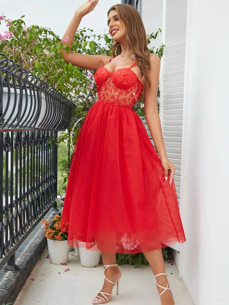 D&M Luxury Socialite Red Butterfly Applique Bustier Midi Mesh Dress 2022  Woman Party Vestidos Mujer Sleeveless Long Flared Dress