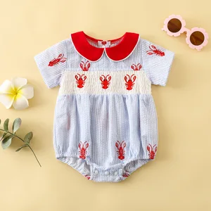 Custom 100% Cotton Baby Girl Rompers Shirred Smocked Casual Jumpsuit Embroidered Crayfish Flying Sleeve Summer