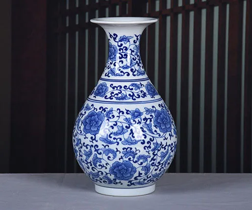 景徳鎮陶磁器卓上花瓶 手描き青白伝統模様 ホームデコレーション