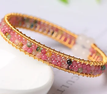 14k Gold Wrapped Candy Rainbow Colorful Natural Crystal Tourmaline Beaded Layered Wide Opening Bangle&Bracelets