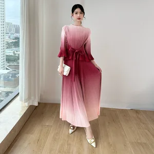Miyake Gradient Pleated Two-Piece Set: Round Neck Flared Sleeve Top with Wide-Leg Pants Elegant Party Outfit Women's Set