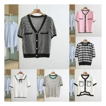 ladies crochet pointelle stripe short sleeves shirts sweater Short sleeved round neck striped wool sweater