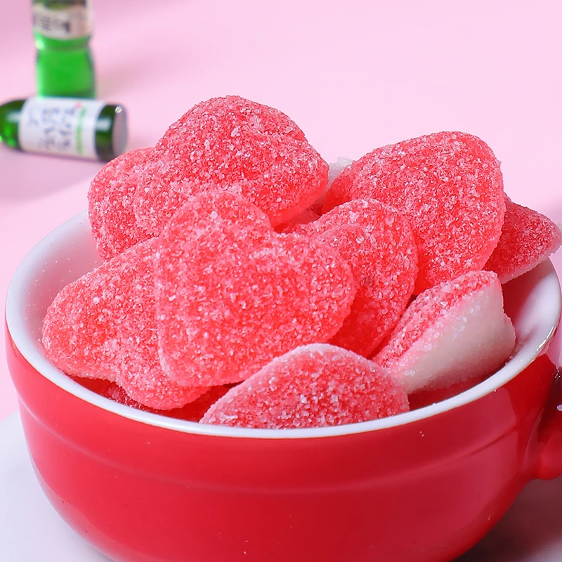 red color love shaped sugar coated gummy candy fruity flavor