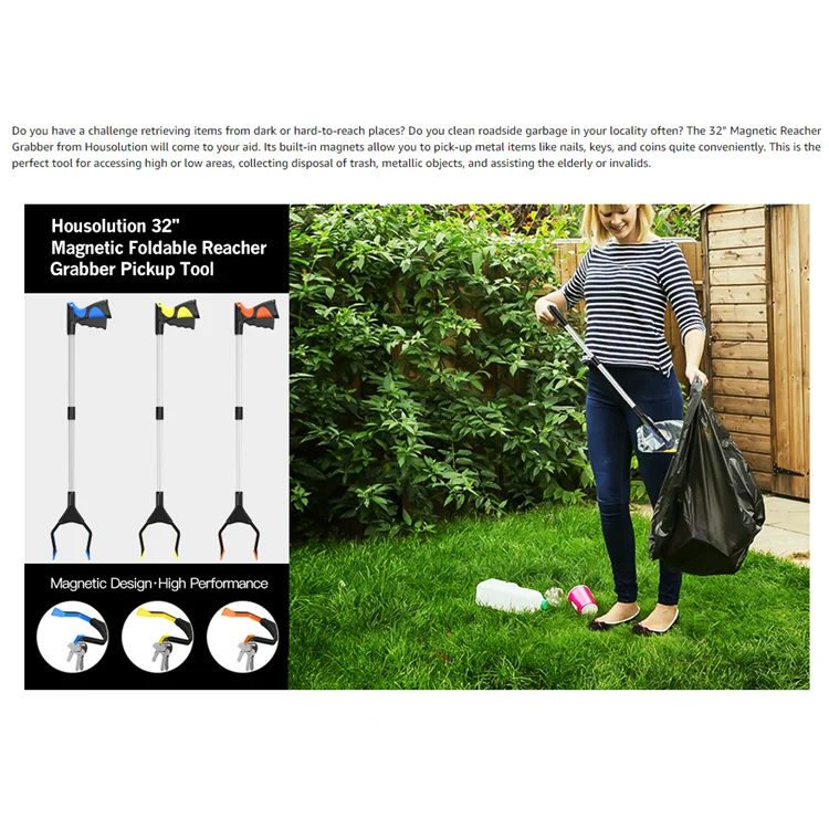 32"  Foldable Lightweight Long Arm Extender Reacher Grabber Tool with Magnet