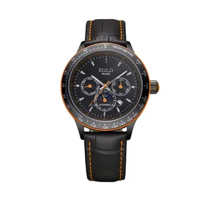 Sporty Men's Automatic Mechanical Chronograph Watch Sapphire Crystal Leather Strap 30M Waterproof Triple Sub-Dials Pointer Dial