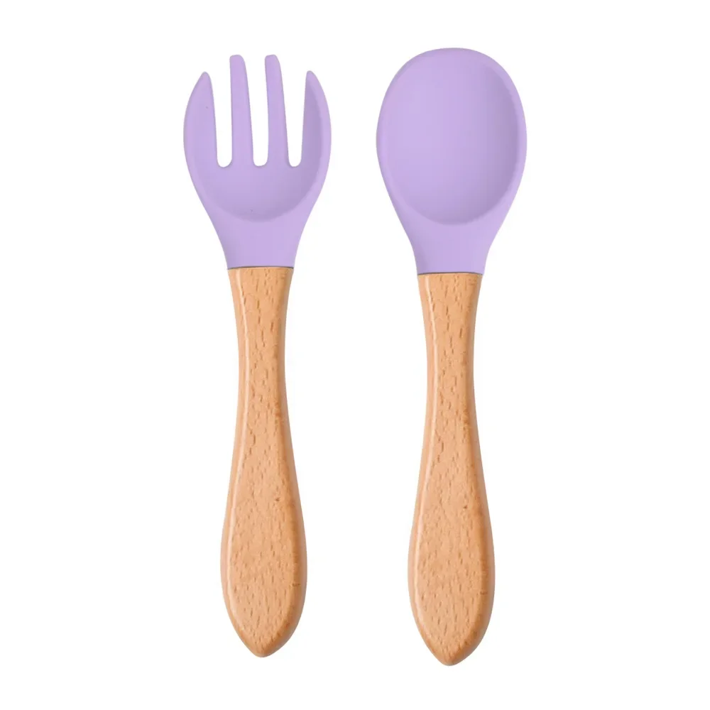 2pcs Set Custom BPA-Free Food-Grade Toddler's & Baby's Dining Set-Soft Silicone Tip Spoon & Fork with Wooden Handle