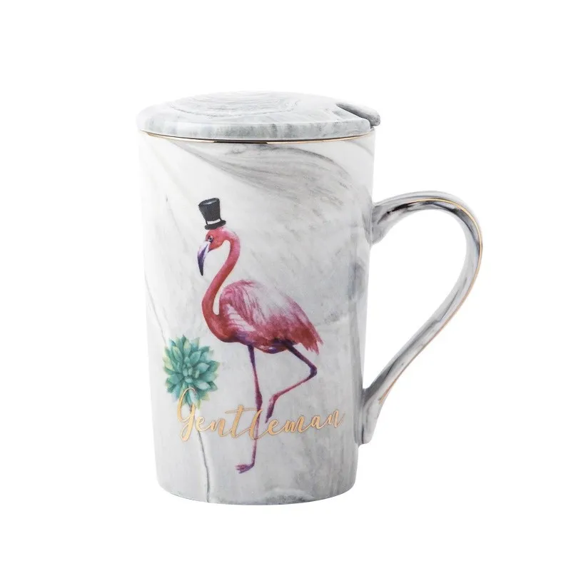 High Quality Marble Flamingo Ceramic Coffee Breakfast Milk Cup Festival Gift Cup Couple Mug Set-Grey and Pink