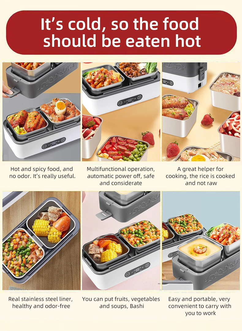 Vente directe d'usine multifonctionnel 2L chauffage cuisson boîte à lunch 304 en acier inoxydable portable chauffé boîte à lunch