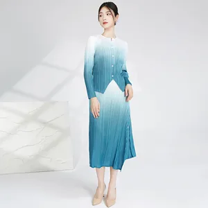 2025 Summer Miyake Latest Fashion Design Print Gradient Color 2-piece Set Women's Casual Long-sleeved Shirt and Pleated Skirt Se