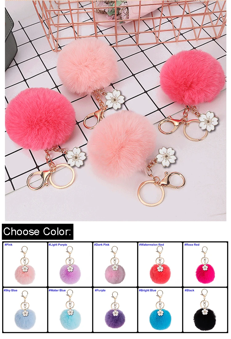 Wholesale Bauhinia Pom Pom Keyring Fuzzy Pink Fur Ball Puffball