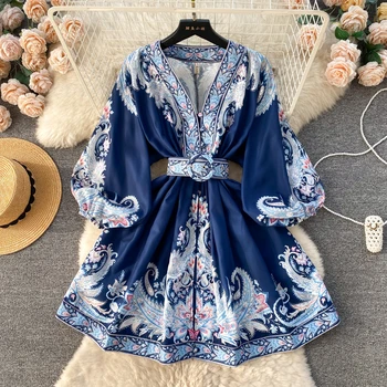 ZT1307 2024 early spring new retro style senior print breasted French puffed sleeve mini dress