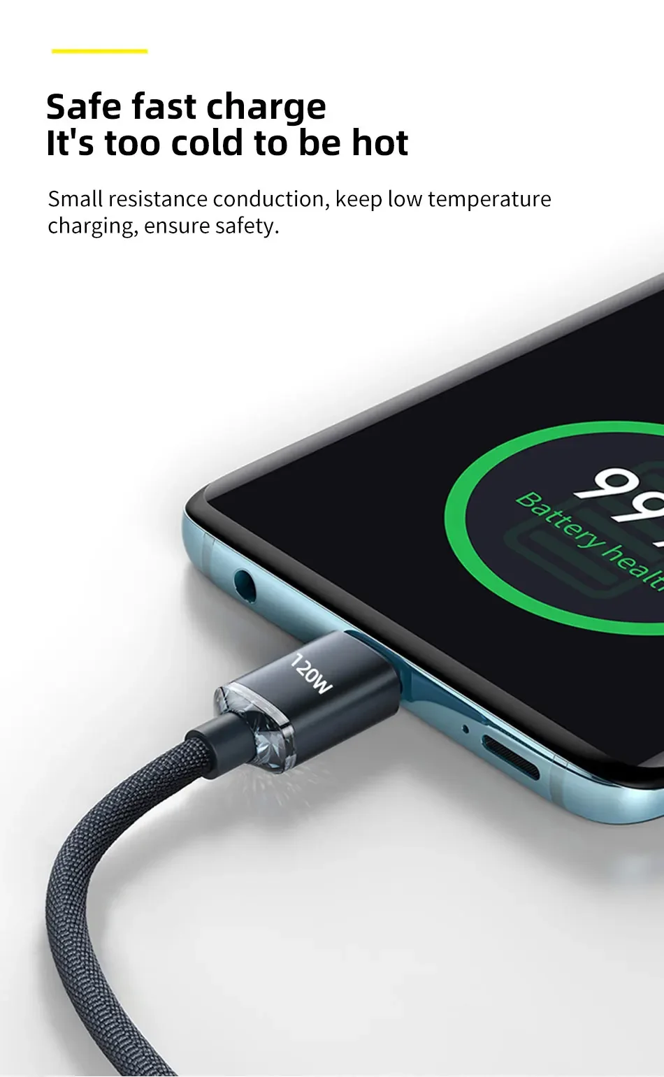 120W USB Type C Charging Cable 6A PD Fast Charge Braided Data Cord for Mobile Phones