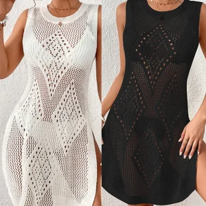 Women Sexy 3pcs Solid Bikini Set with Cover up Crochet Cover Ups for Swimwear Women Hollow Out Swimsuit Cover-Up Sunscreen Dress