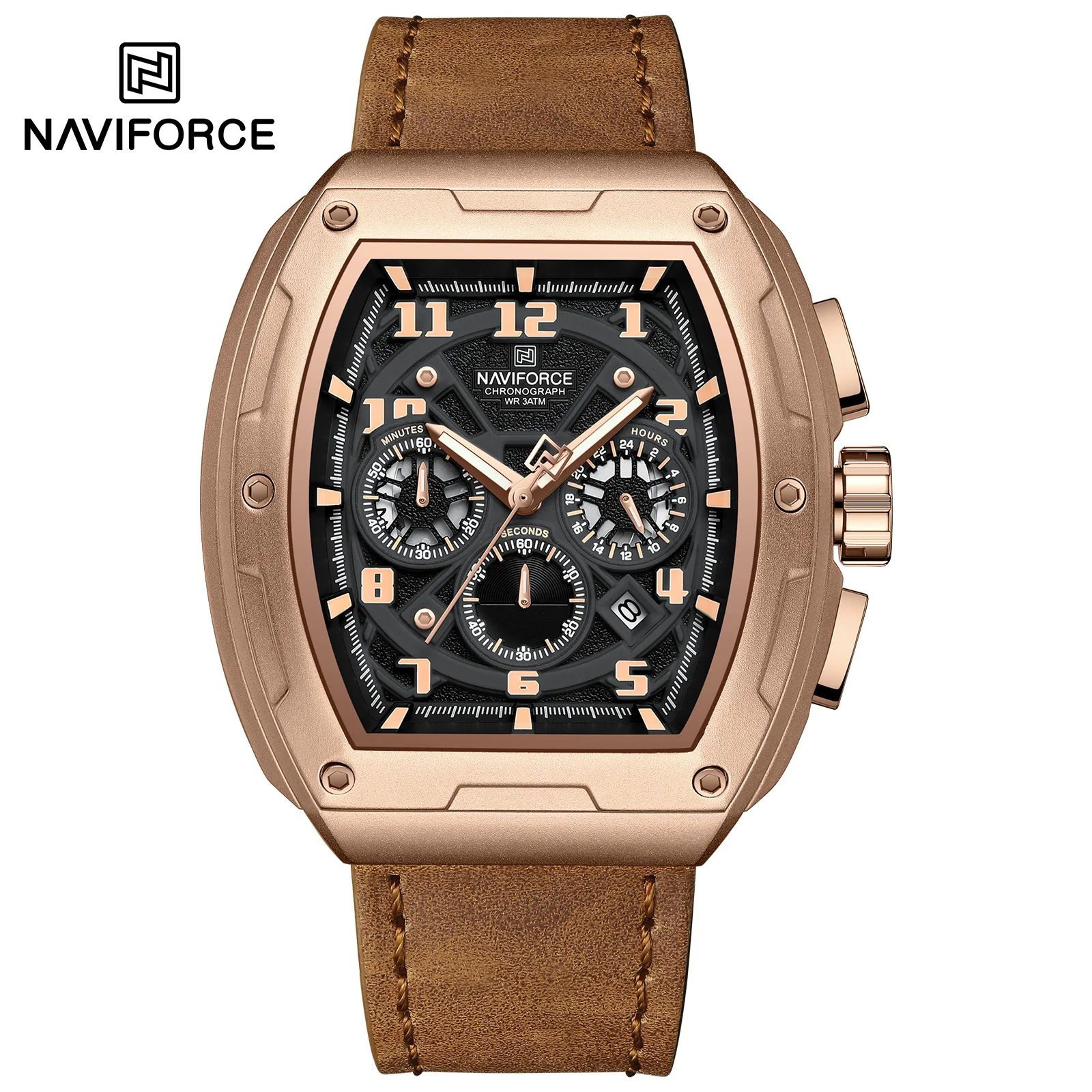 NAVIFORCE 8053 Relógio Masculina Moda Couro Banda Quartz Relógio de Pulso Cronógrafo À Prova D' Água Relógio Luminoso Relogio masculino