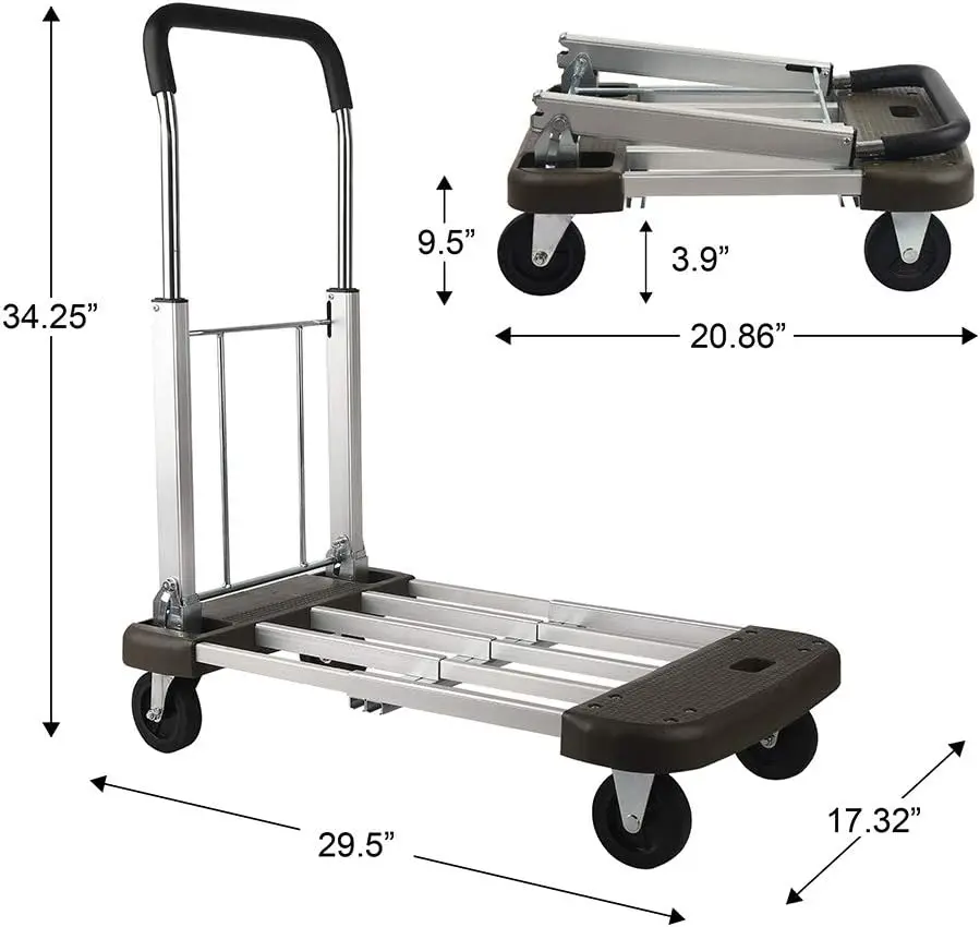 Platform Cart Foldable Push Cart Aluminum Adjustable Length Dolly Cart with Polyurethane Mute Wheel Platform Hand Truck Portable