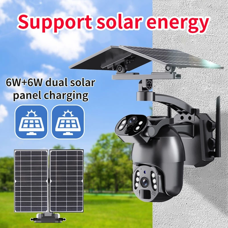 Outdoor 6MP PTZ 3K Wireless Solar Camera Dual Lens Alarm PTZ 12W Dual ...