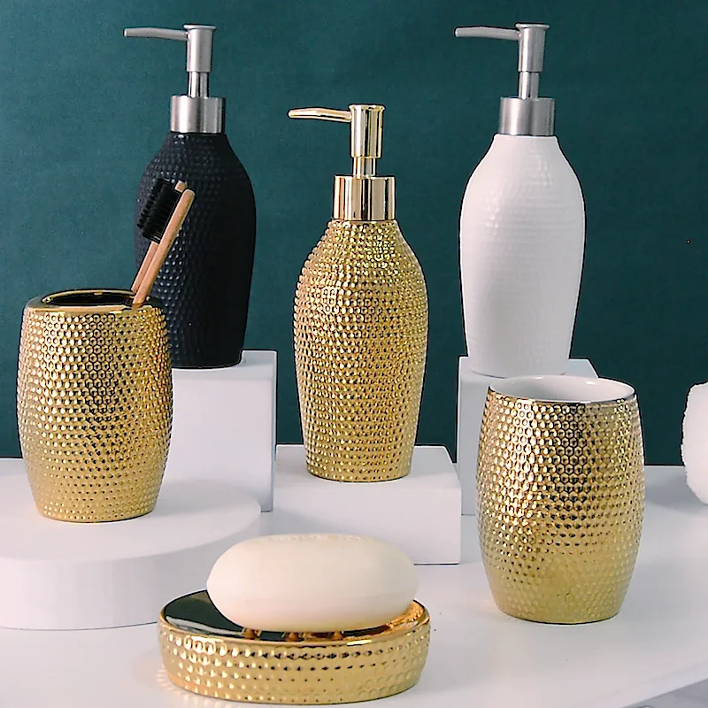 Elegant Ceramic Bathroom Accessories Set Handmade 4 Pieces Golden Bath