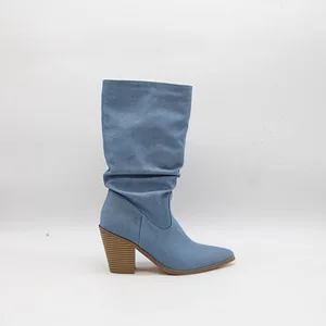 BUSY GIRL HQ1156 Custom Women Boots 2026 Western Cowboy Boots Blue Pointed Toe Pleated Slouch Boots Chunky Heel Mid-Calf Boots