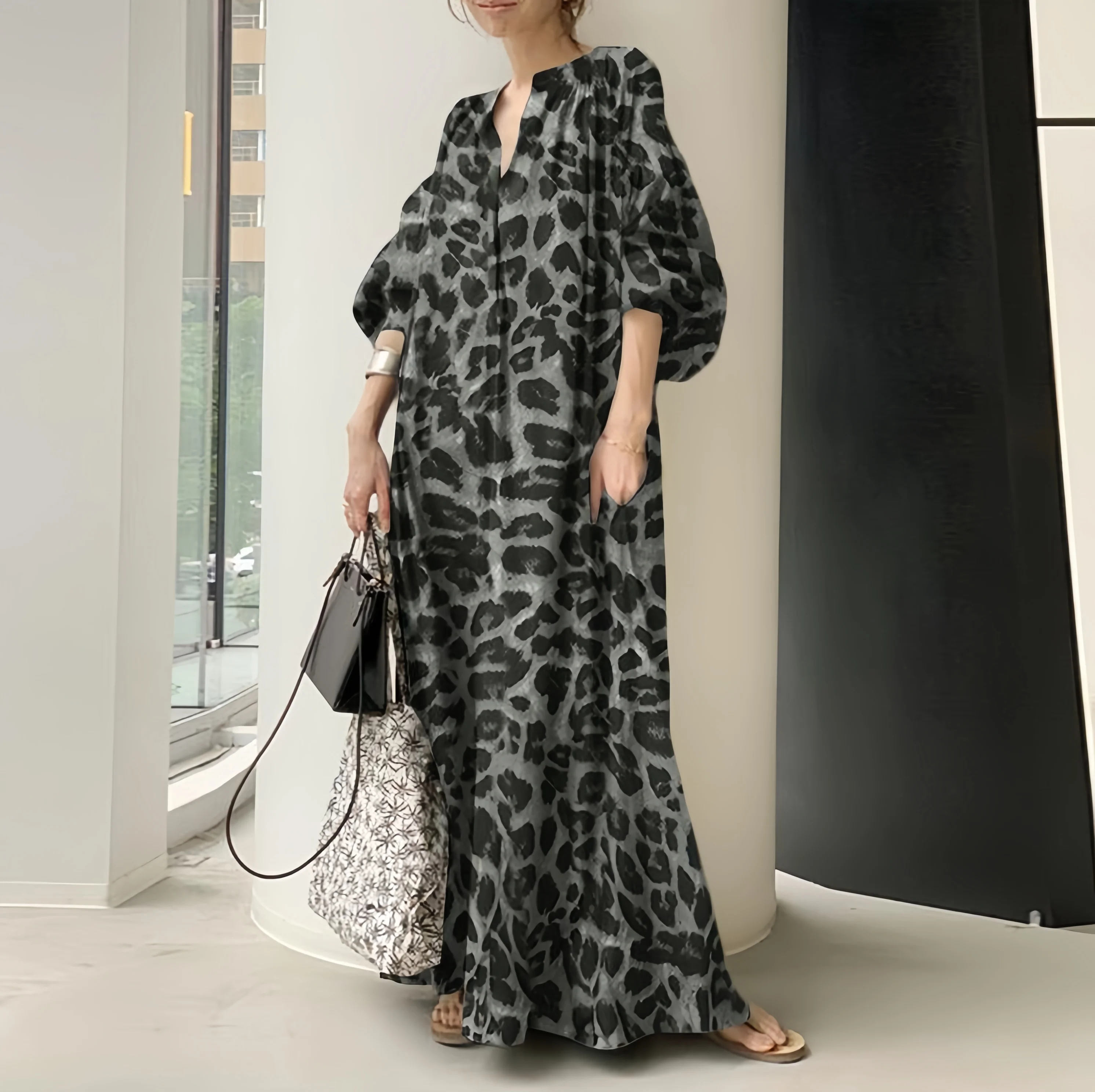 knee length dresses for ladies Gray Leopard Print V Neck Loose Fit Long Sleeve Midi Dress