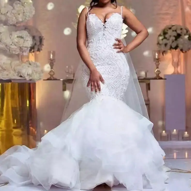 2023 New White Sweetheart Spaghetti Strap Mermaid Wedding Dresses African  Arabic Beads Appliques Long Train Bridal Gowns