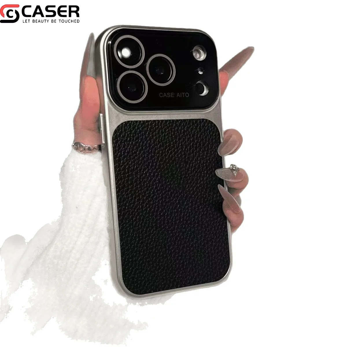 Lychee Texture PU Leather Full Body Case Metal Silver Glass Lens Cover Shockproof Protection for iPhone13-17series
