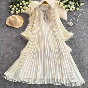 2025 Spring Retro Pleated Skirt for Women Strapless Long Sleeved Diamond Inlaid Solid Color for Casual & Party Breathable