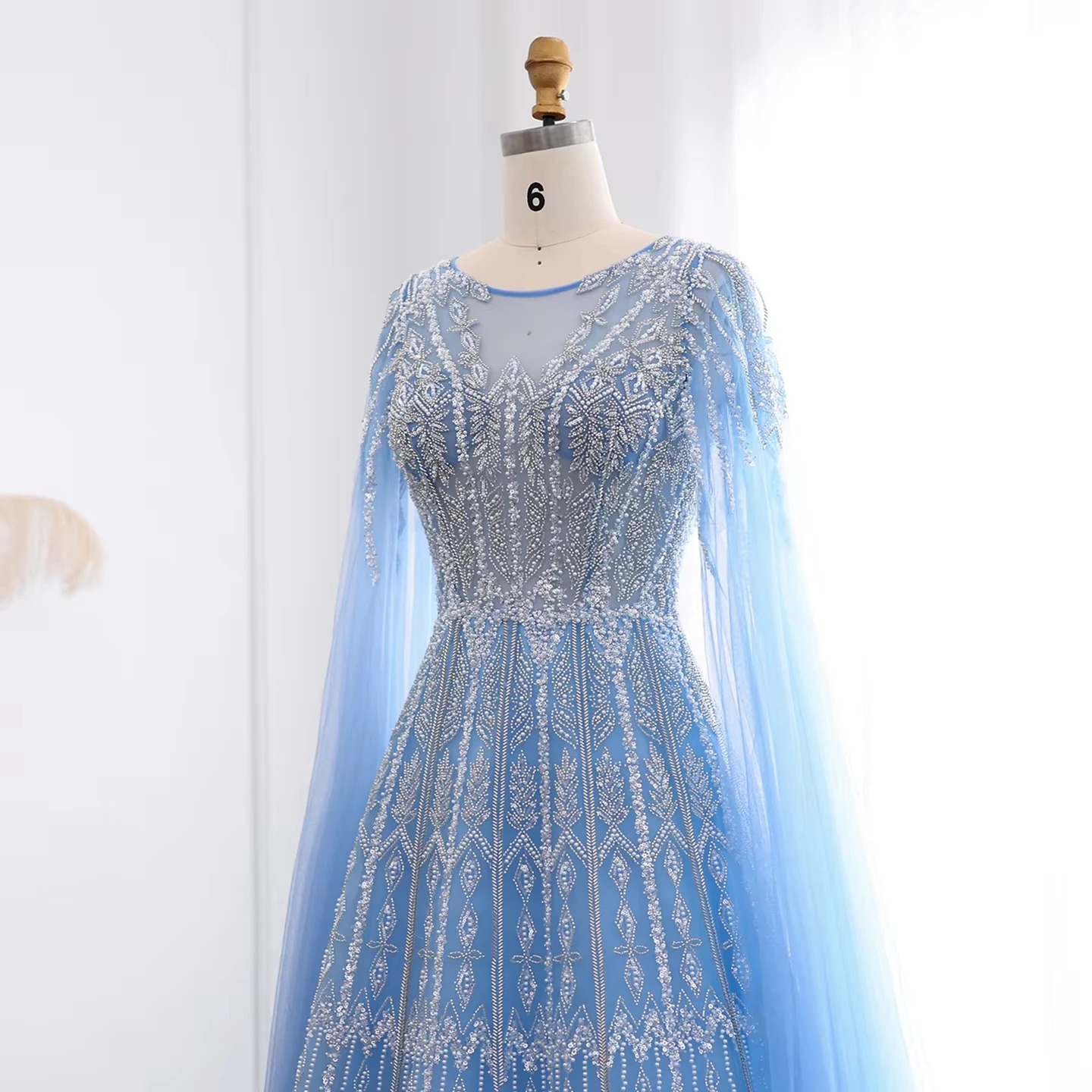 Arabic Blue Luxury Dubai Evening Dress With Cape Sleeves Brown Pink Plus  Size Women Wedding Formal Party Gowns LSZ001