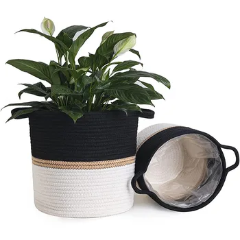 Wholesale Handmade New Style Cotton Rope Flower Pots Modern Woven Baskets for Storage Rustic Home Decor,White & Black Stripes