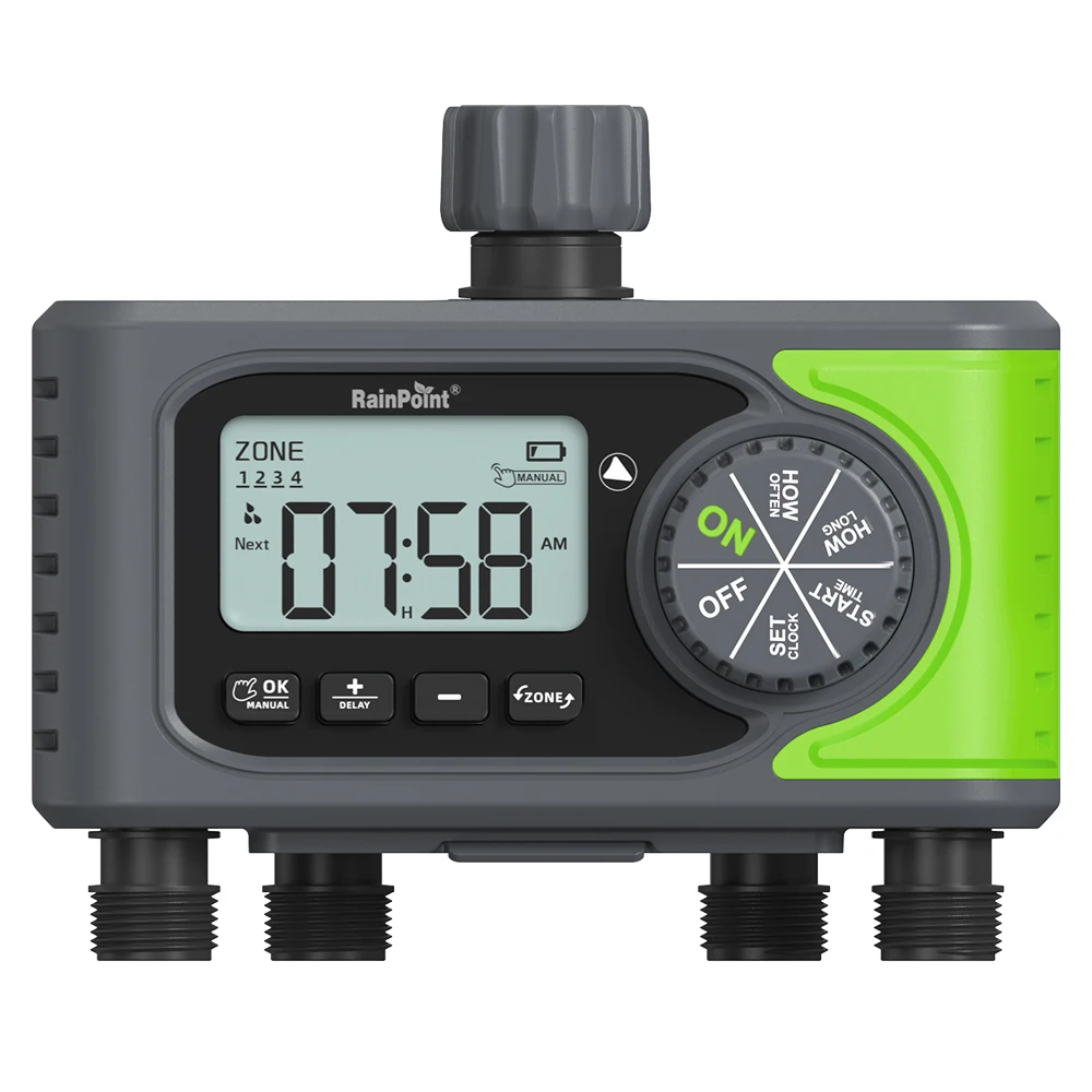 4 Zones Sprinkler Timer Programmable Water Timer 4 Outlet Water Timer for Garden Wateringr with Rain Delay Manual Watering