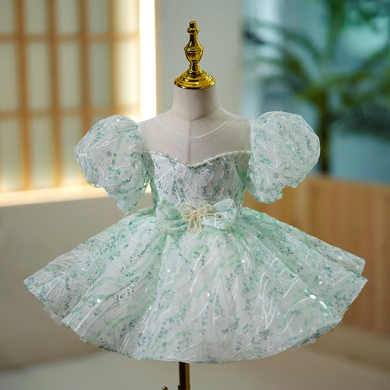 Gaun Mint Tulle Dress Mint Green Sequined Elaborate Baby Kids