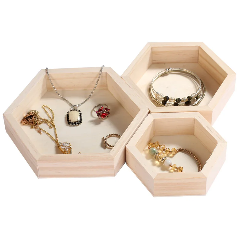 Wood Jewelry Storage Boxes Bracelet Necklace Display Tray Plate Hexagon