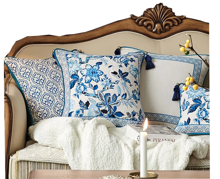 Blue and White Porcelain New Chinese Living Room Office Sofa Cushion Throw Pillow Back