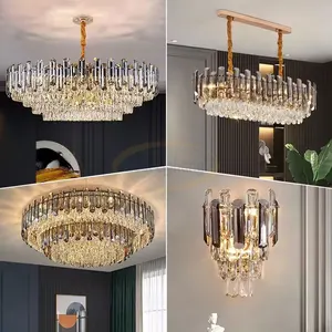 Adjustable Height Hanging Luxury Round Pendant Light Modern Ceiling K9 Crystal Chandeliers Fixture for Living Dining Room