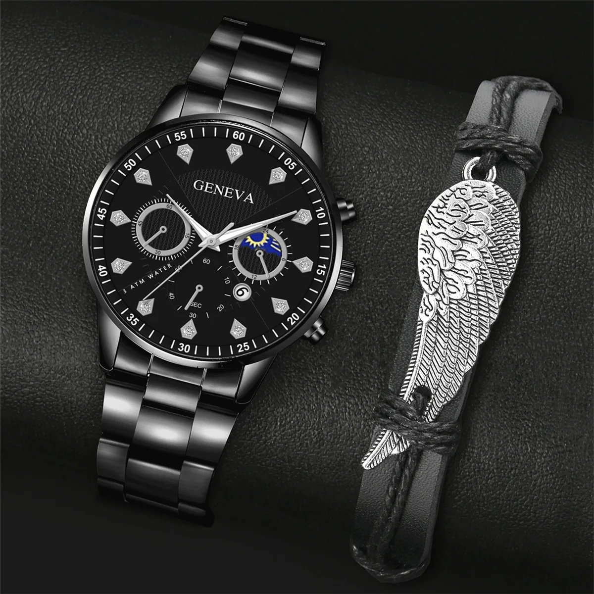 2PCS Set Fashion Men's Business Calendar Watches Men Casual Silver Bracelet Wings Bangle Stainless Steel Quartz Wrist Watch