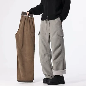 Men's Winter Cargo Pants Thickened Casual Straight Leg Trousers Solid Streetwear Comfortable Fabric Outdoor