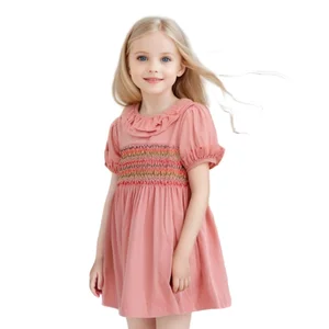Wholesale ODM Kids Dresses Plant Dye Natural Dye Smocking Short Sleeve Solid Pink Lolita Style for Girls