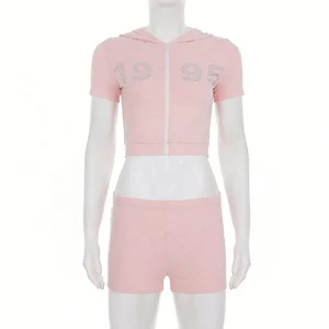 Dropshipping New Arrivals 2026 Women Clothing Diamond Gym Fitness Casual Hoodie Mini Shorts Set