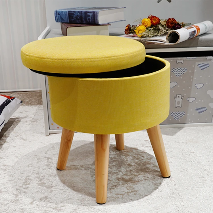 HStex Modern Home Furniture Wholesale Attractive Round Velvet Fabric Stool With Wooden Legs Yellow Ottoman