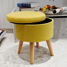 HStex Modern Home Furniture Wholesale Attractive Round Velvet Fabric Stool With Wooden Legs Yellow Ottoman