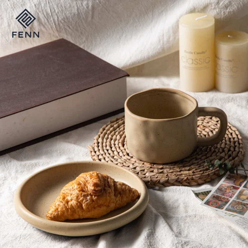 FENN wholesale vintage speckled seasome custom cup saucer pottery cup plate set clay cup ceramic coffee mug with saucer for gift