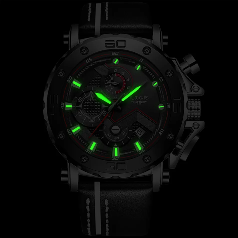 LIGE LG9899 Men's Quartz Watch with Custom Logo, Leather Band, Big