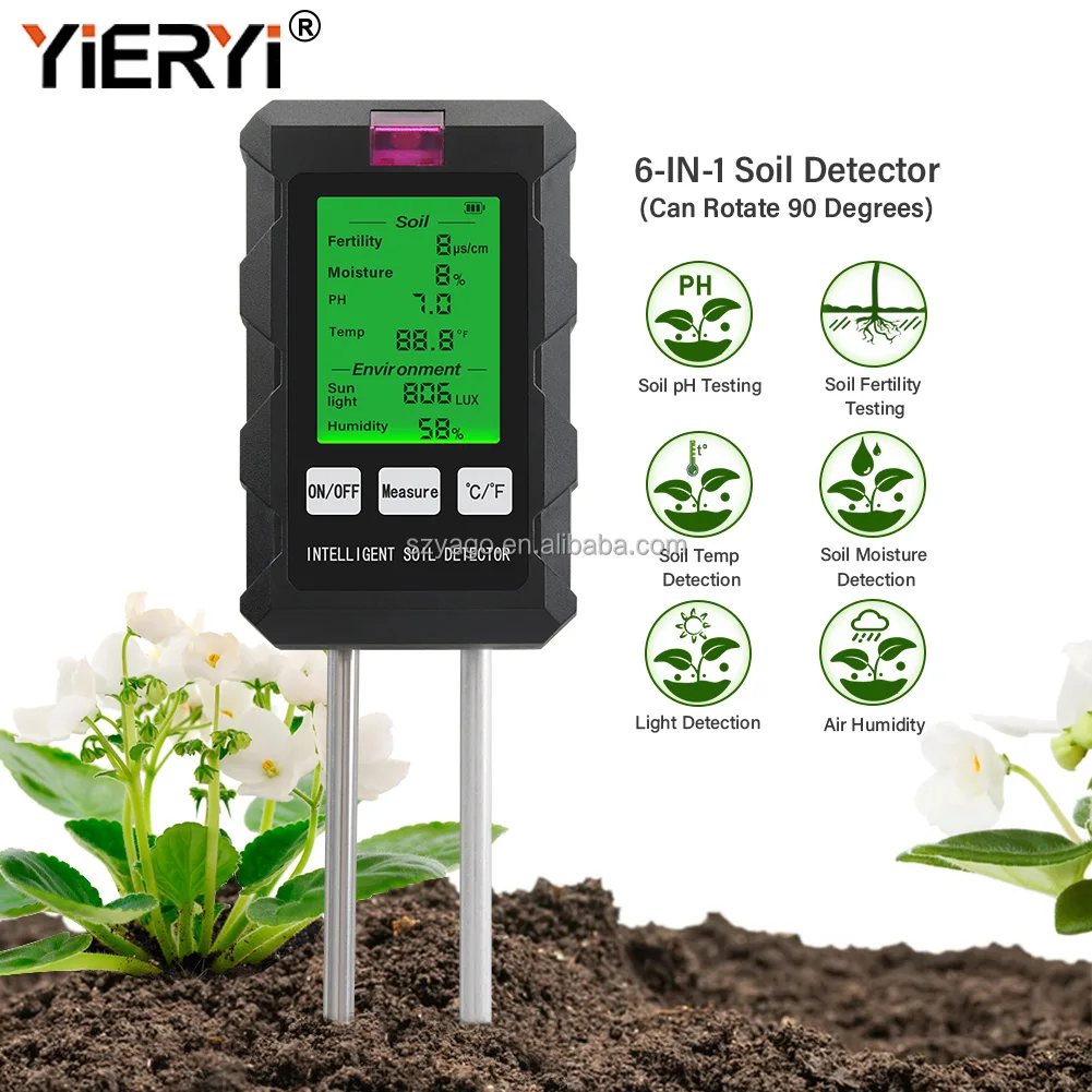 YIERYI High Quality 6 in 1 Soil Meter Fertility/PH/Moisture/Tmep/Sunlight/Humidity Multi-functional Soil Testing Tool
