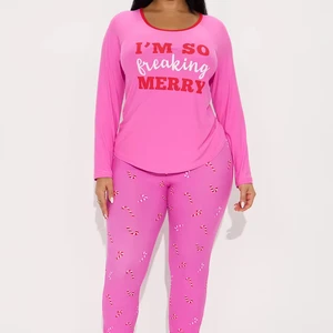 Women's Two-Piece Loose Plus Size Printed Elastic Pink Long Sleeve Loungewear Two Piece Set Women Pajama